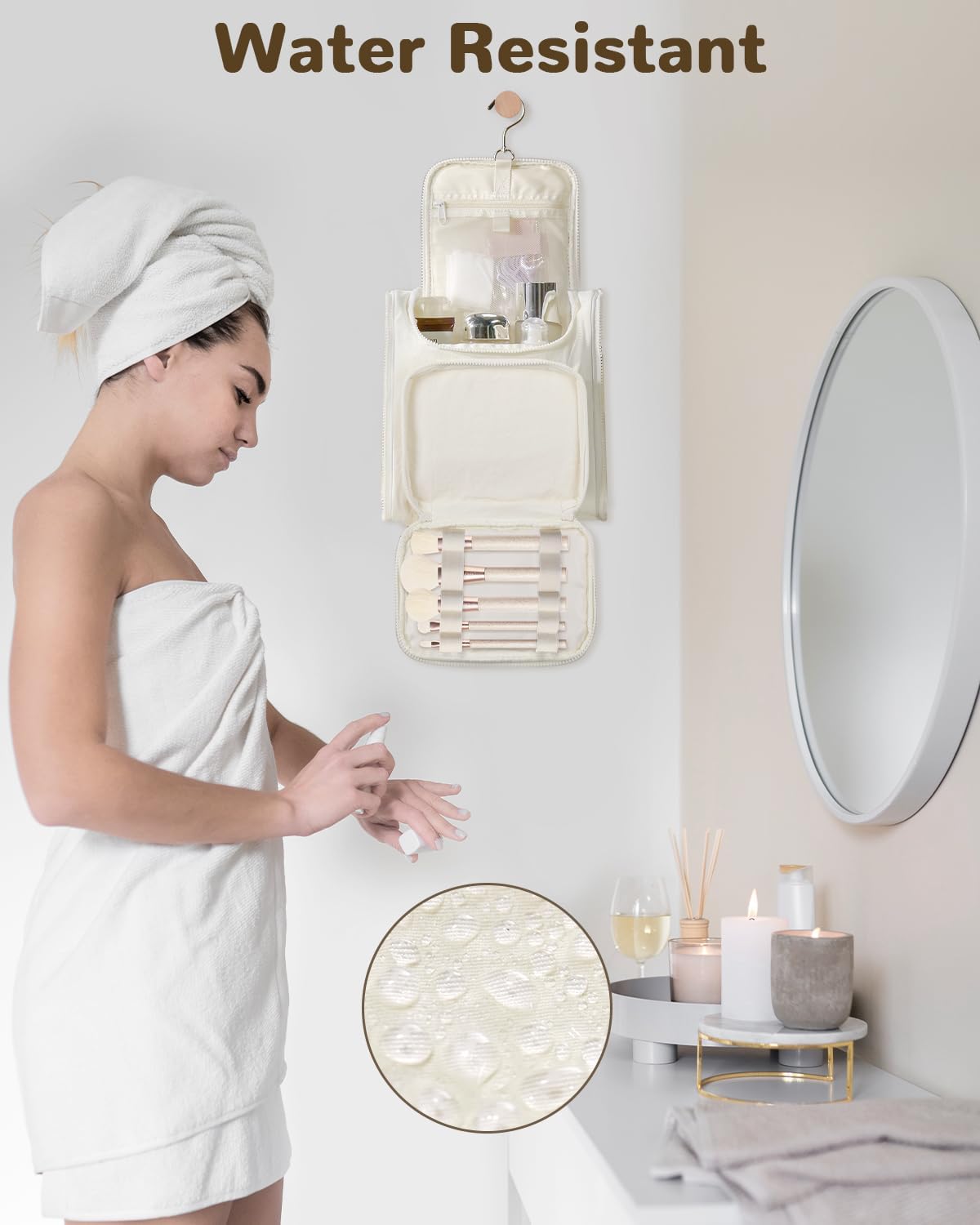 Waterproof Large Capacity Hanging Travel Toiletry Bag for Women, Portable Travel Organizer Kit for Full Sized Toiletries and Cosmestics, Spacious Makeup Bag with Swivel Hook, White - Image 5