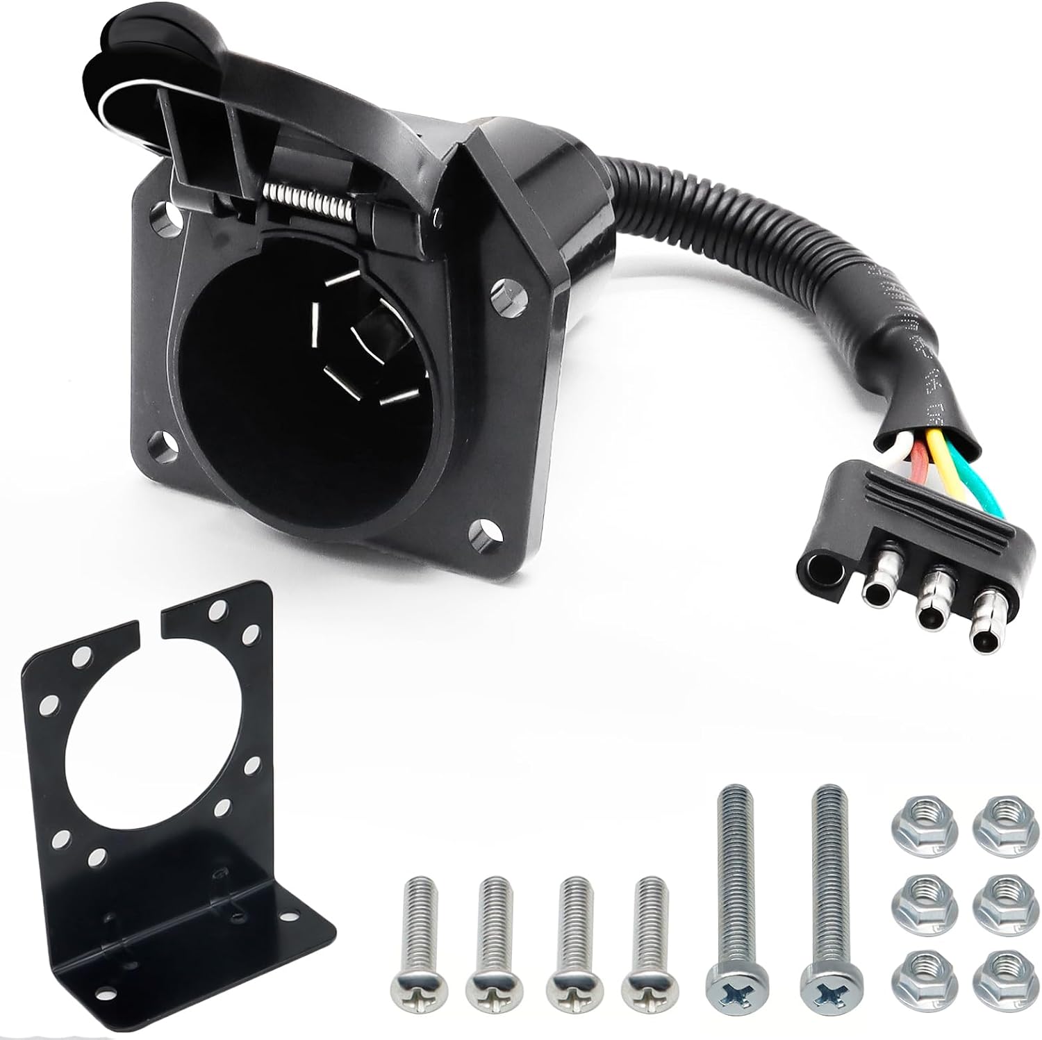 AUTOXBERT 4 Pin Flat to 7 Way Round Blade Trailer Plug Adapter RV Tow Truck Light Wire Wiring Connector Bracket Waterproof Cover 6V 12V 24V