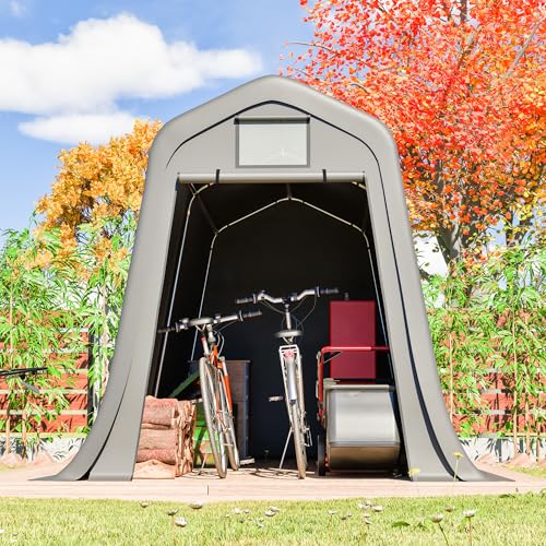 Cobertizo de metal de 8 x 4 pies – Caseta con base, resistente a la intemperie como garaje para bicicletas de 2 a 3 bicicletas, caja para cubos de basura y cobertizo de herramientas de jardín