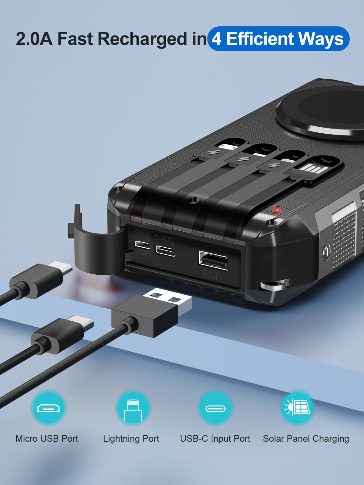 Banco de energía solar para Magsafe 26800 mAh, 30 W, USB C, carga rápida con 4 cables integrados, cargador inalámbrico de 15 W, indicadores de luz LED, linterna, baterías externas para teléfonos