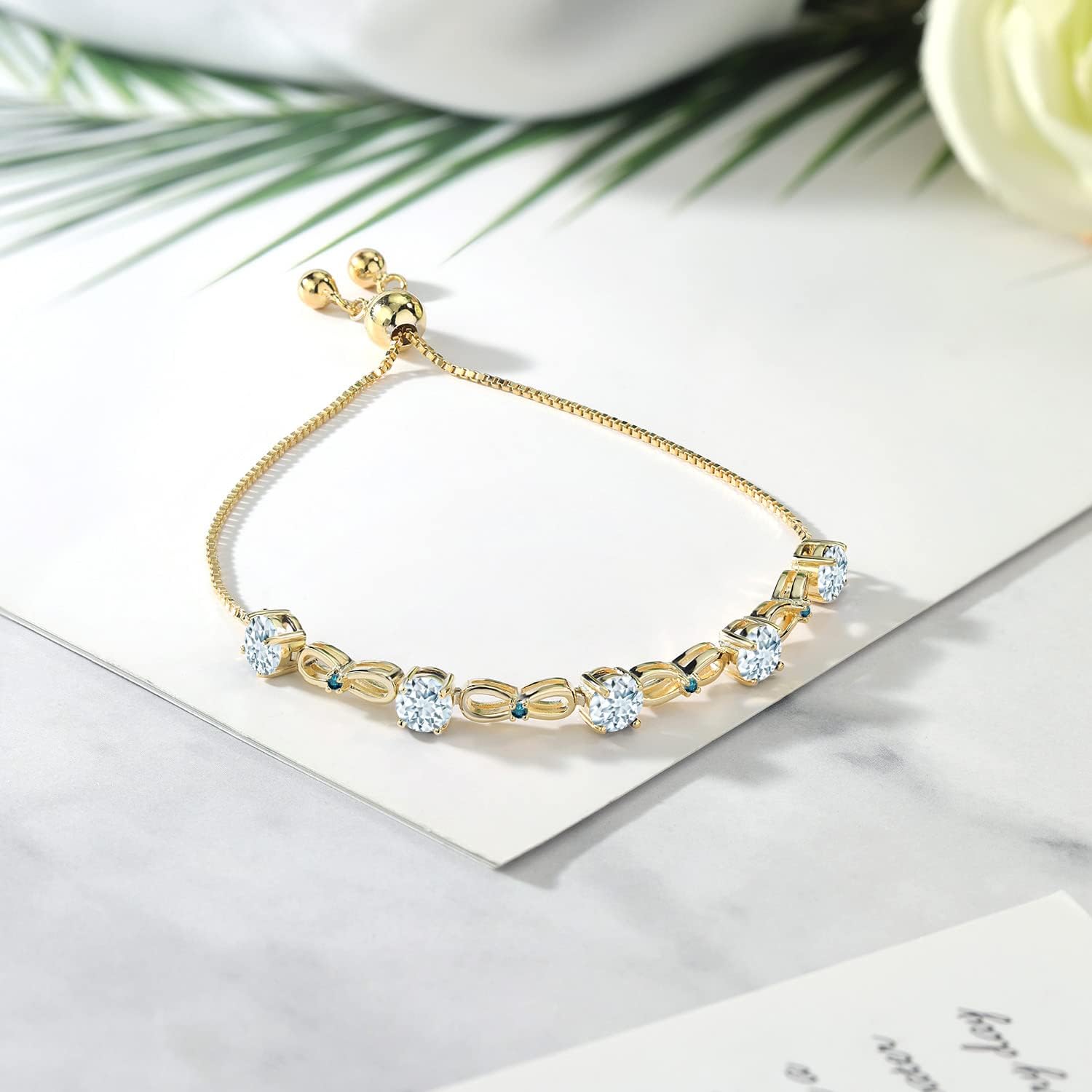 Gem Stone King 2.55 Ct Sky Blue Aquamarine Blue Diamond 18K Yellow Gold Plated Silver Bracelet For Women - Image 3