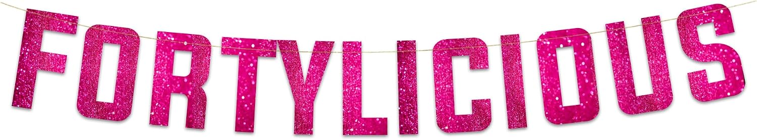 Pre-Strung Fortylicious Pink Glitter Banner - Funny 40th Birthday and Anniversary Decorations for Men and Women - Party Supplies and Gifts