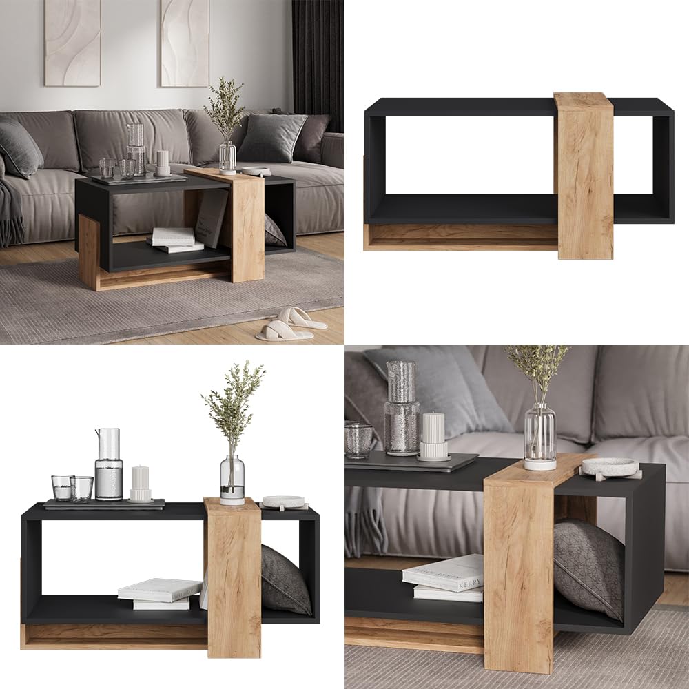 Vicco Couchtisch Aven, Anthrazit/Goldkraft Eiche, 91.8 x 49 cm | mit offener Ablagefläche zur Aufbewahrung von Alltagsgegenständen