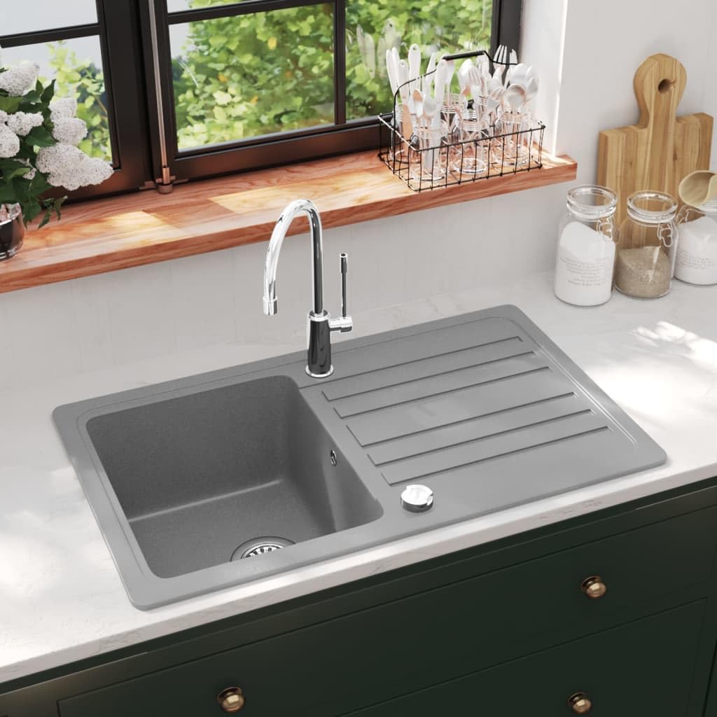 Fregadero de granito con escurridor reversible, gris, cuarzo y resina, 765 x 460 mm, superficie de drenaje de acero inoxidable, estación de agua para cocina, ahorro de espacio