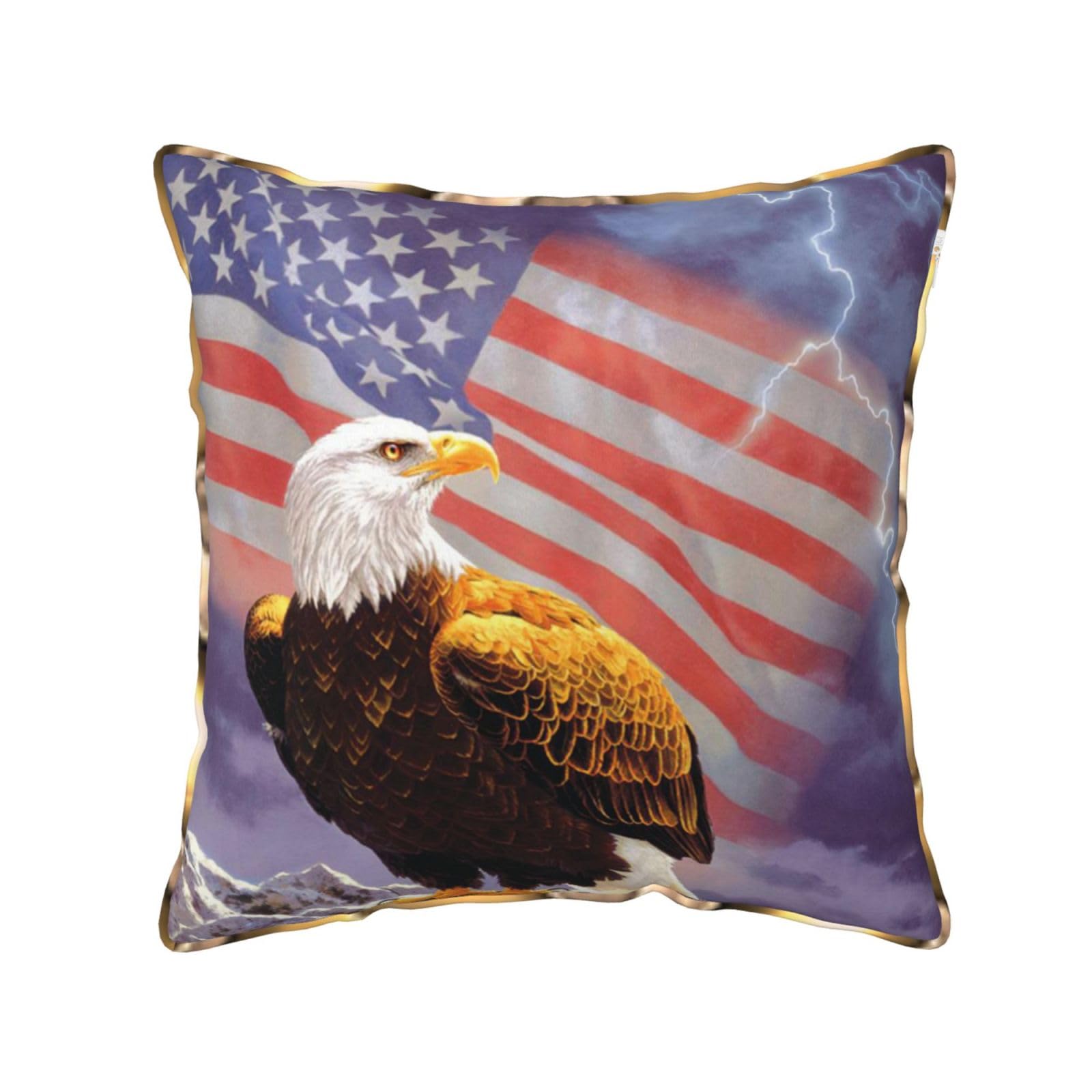 AUBKFELD Eagle with USA Flag Printed Velvet Cushion Cover 40x40 CM with Gold Edging Strip, Square Pillowcase Soft Throw Pillow Covers Case Decorative for Living Room Sofa Couch Bed Bench