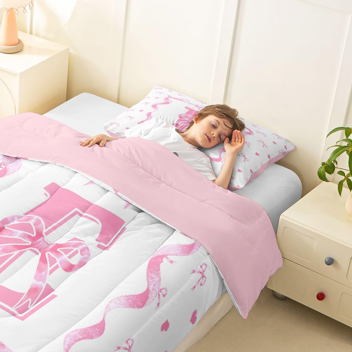 Homewish Różowy inicjał E kokarda zestaw kołdry podwójny - spersonalizowane różowe kokardki zestaw pościeli uroczy kawaii muszka kołdra zestaw - kokarda bez przykrycia kołdra