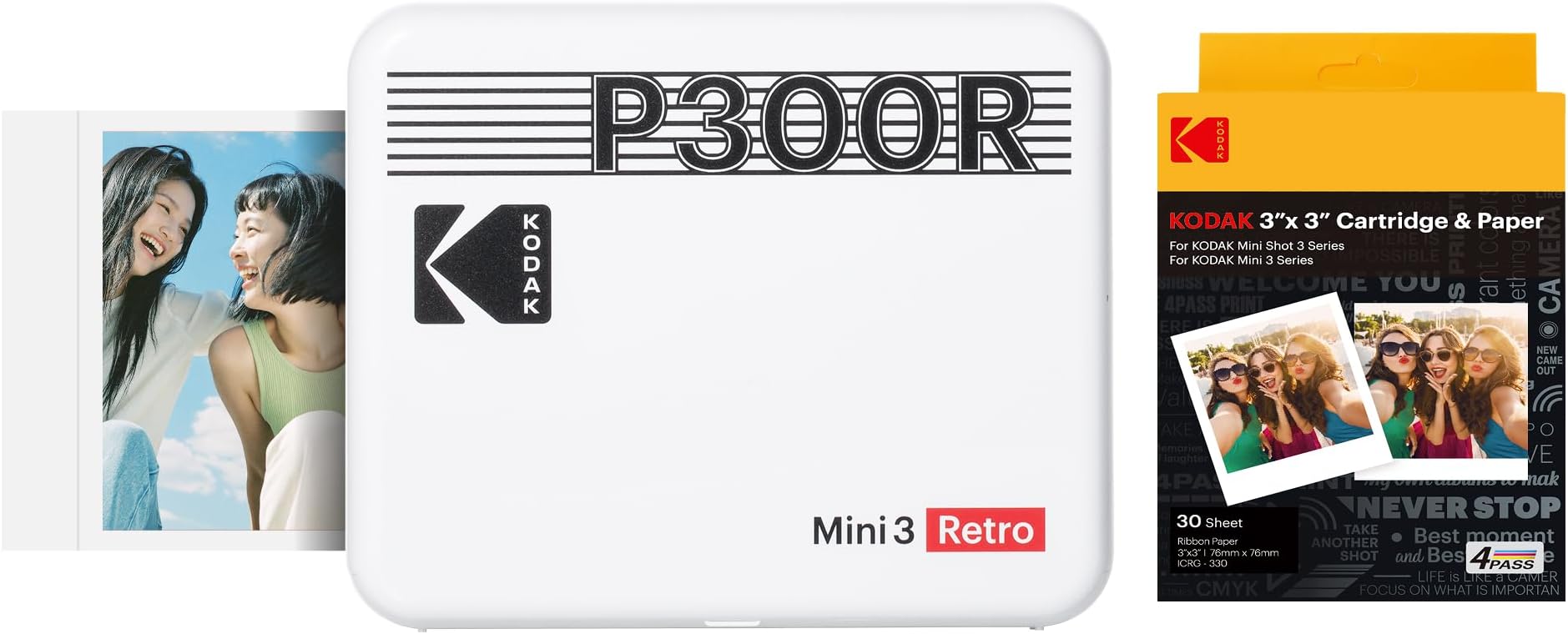 KODAK Mini 3 Retro 4PASS Portable Photo Printer (3" x 3") + 8 Printers + 30 Sheets Bundle, White