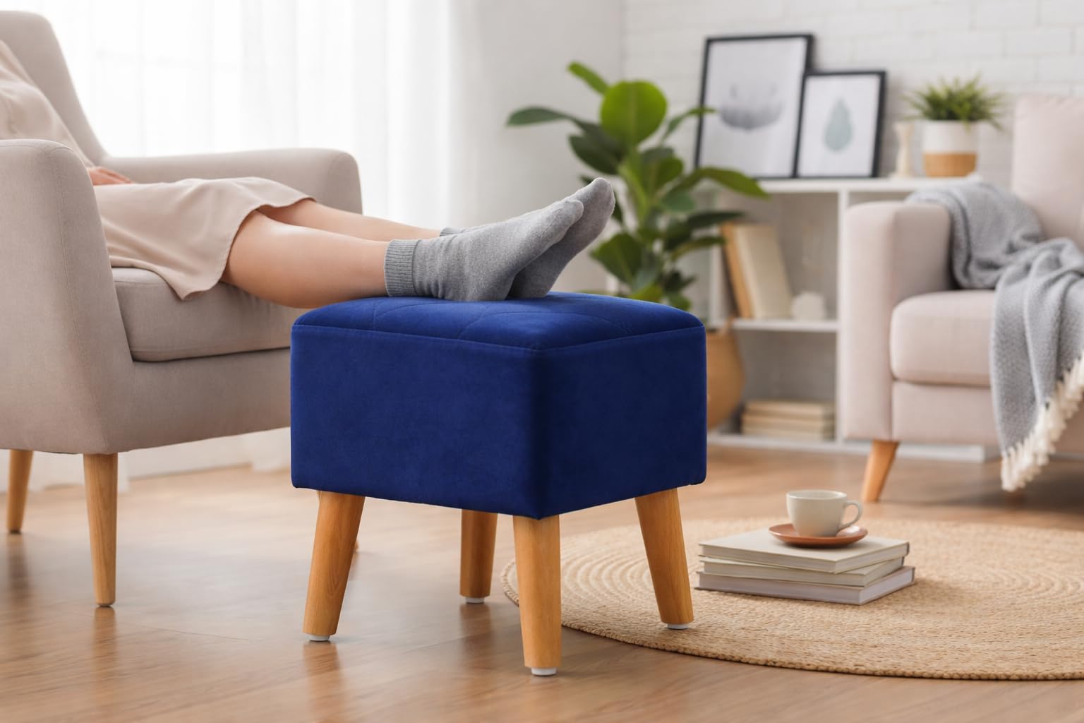 Velvet Cube Ottoman | Stool for Living Room | Soft Cushioned Footrest Stool with Durable Wooden Legs | Multipurpose Seating, Side Table & Pouffe Home Décor, 12x12x12 inch (Royal Blue)