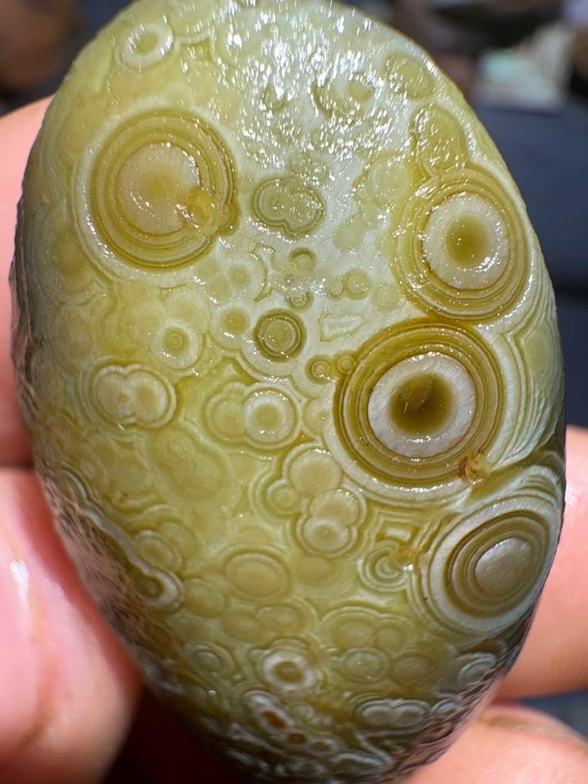 Natural Gobi Desert Multi-Eye Agate Cabochon 16g 41×23×11mm - Rare Olive Green Banded Agate, Untreated Wind-Polished Stone for Jewelry & Collection