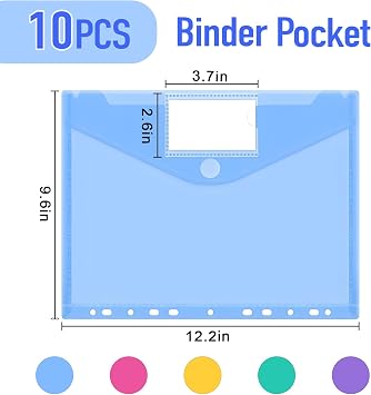 A4 Plastic Wallets, 10 Pcs, 11-Hole, 5 Colours | Waterproof File Folders with Label Pocket, for Document Organisation, Home, School, and Office Supplies