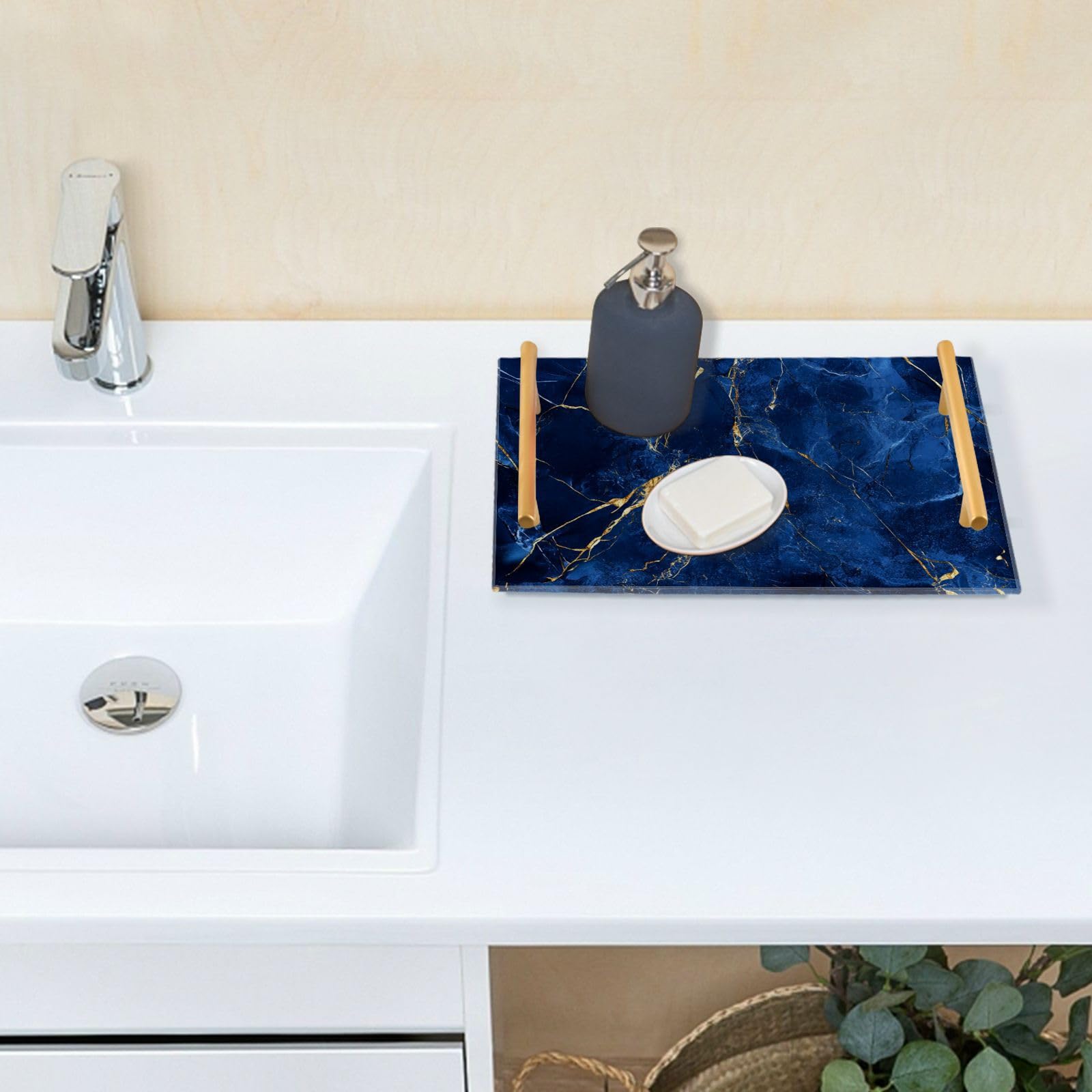 Bandeja decorativa grande con textura de mármol azul y dorado con asas, bandeja perfecta para servir desayuno, joyas, perfumes y plato, diseño de plástico