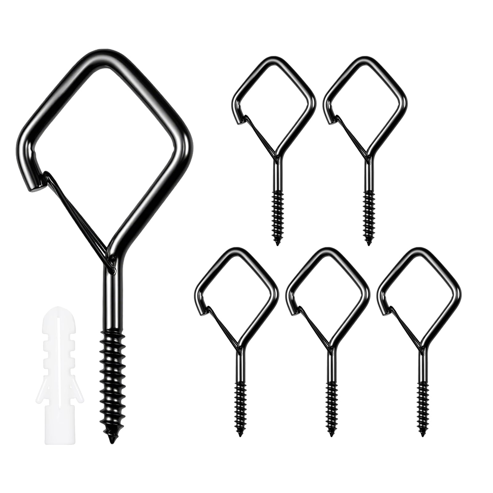 Woiekil Heavy Duty Eye Screw Hooks 4 Inch, Metal Ceiling Hooks with Safety Buckle for Hanging Plants, Outdoor String Lights, Wind Chimes, Bird Feeders and Home Decor (Black, 6 Pcs)