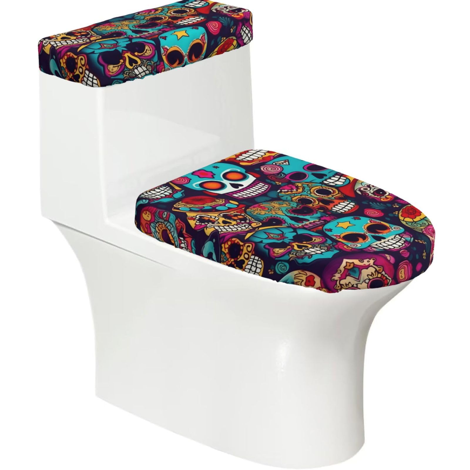 Sugar Skulls Printed Toilet Tank and Lid Cover Set of 2 for Most Bathrooms, Fits Elongated Round Toilets