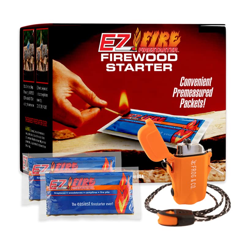 Ez Fire Firestarter and Survival Frog Tough Tesla Lighter 2.0 – Waterproof, Windproof, Flameless Top-Facing Dual Arc Plasma USB Rechargeable Electric w/Built-in Flashlight and Emergency Whistle.