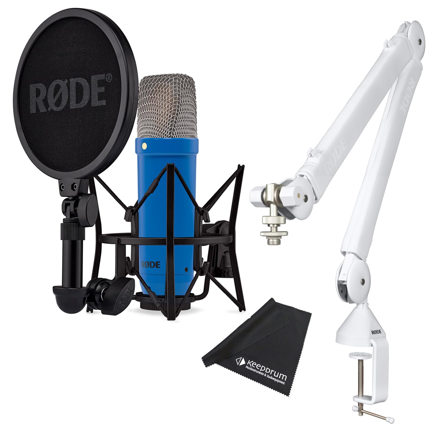 Rode NT1 Signature Cobalt Studio-Mikrofon Kobaltblau mit PSA-1+ Gelenkarm Weiss und keepdrum Mikrofasertuch