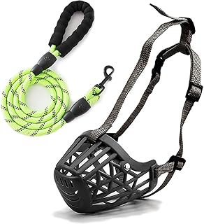 Dog Muzzle, Basket Muzzle for Biting, Chewing and Scavenging Adjustable Breathable Design for Small Dogs 15-20 lb with 1.2m/3.9ft Rope Dog Leash