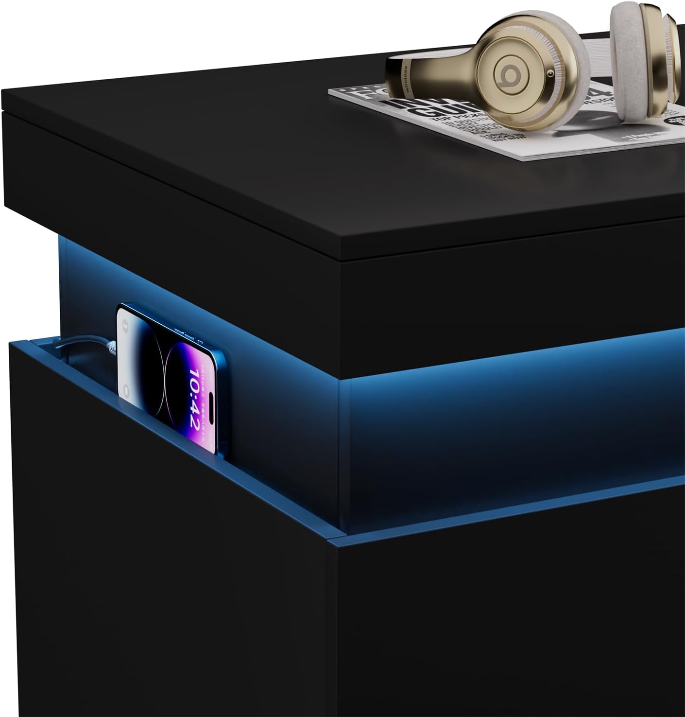 LED Nightstand with 3 Drawers, Bedside Table with Sliding Top for Bedroom Furniture, End Side Table with Charging Station and LED Lights, Modern Black Night Stand, 28.8''W x 17''D x 30.5''H