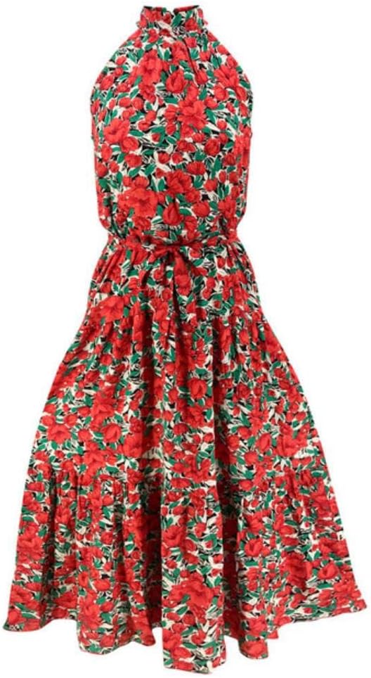 YUANCHENG Women Print Vadim Halter Sun dress Sleeveless Loose Party Floor-Length Dress,Red,L