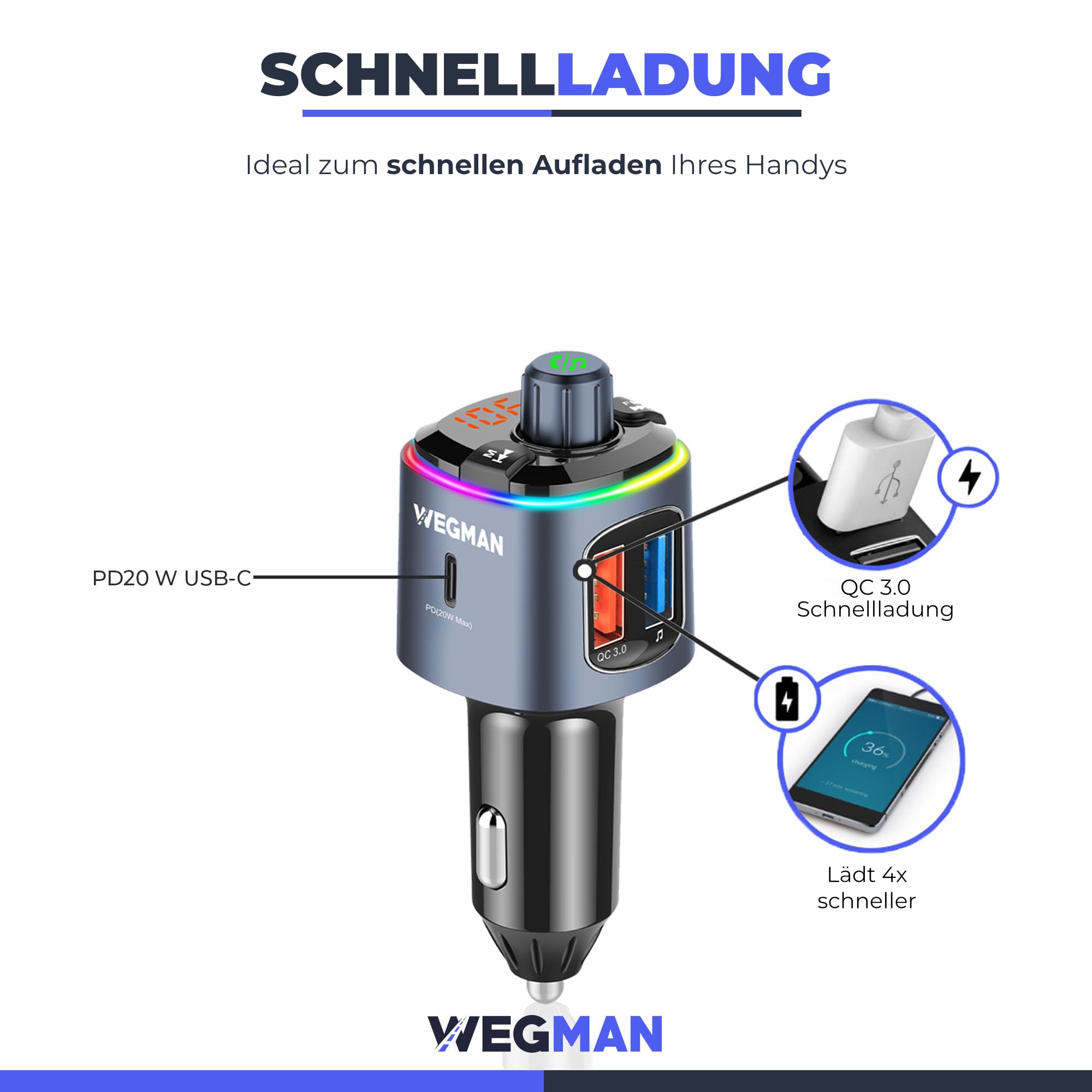 Wegman FM Transmitter Auto Bluetooth, Adapter für Autoradio, Zigarettenanzünder USB C 30W Autoladegerät, Freisprechanlage, Musik über Bluetooth & USB Stick