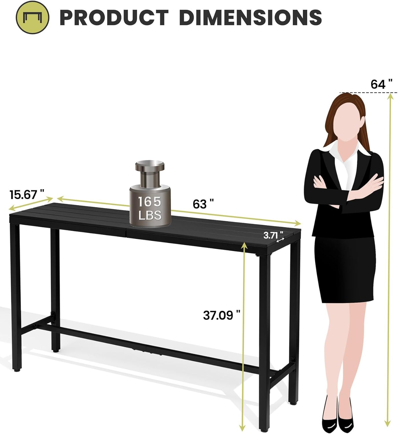 Crestlive Products Outdoor Bar Table, 63'' Rectangle Patio Counter Height Table High Pub Table with Waterproof Top and Sturdy Metal Frame for Balcony, Bistro, Garden, Backyard, Hot Tub (Black)