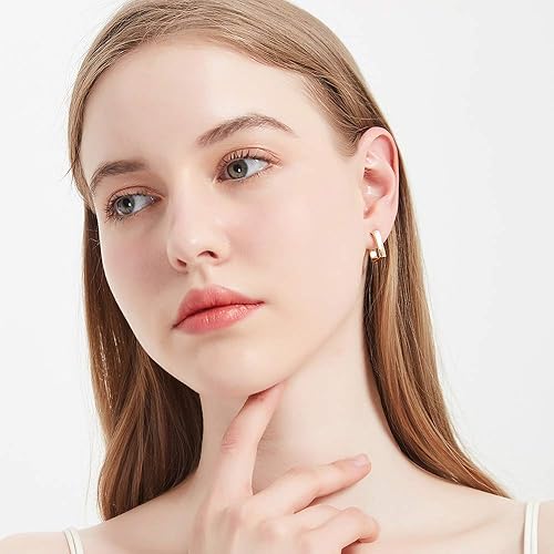 Miniatura 4 de Surrounded Forest Aretes de aro cuadrados chapados en oro amarillo chapado en oro rosa, aretes geométricos simples para mujeres y niñas, 1 pulgada