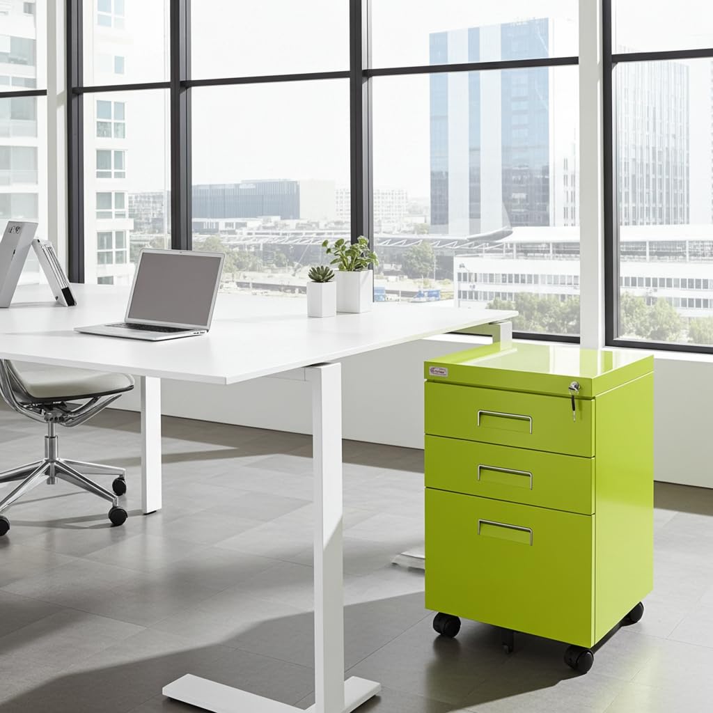 Jet-Line® | Büro Rollcontainer | Metall | 3 Schubladen | Hängeregister | abschließbar | Aktenschrank | Büromöbel | Homeoffice | Büroschrank | Grün