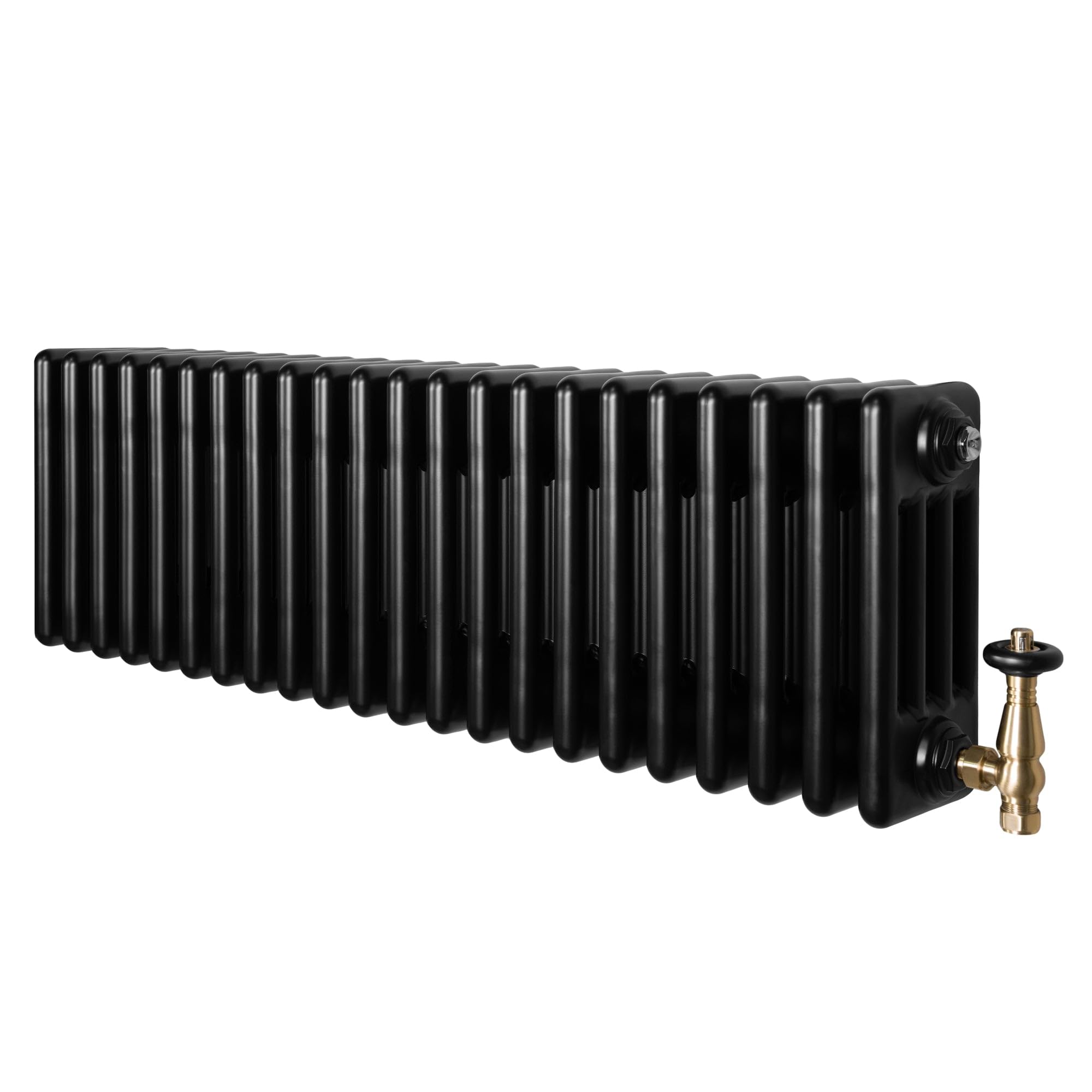 Traditional 4 Column Radiator 300mm x 1010mm & TRV Brass Valves Central Heating Heater Black Carbon Steel Horizontal Wall Mounted Kitchen Living Room Bathroom Cleaning Brush Fixing Kit & Brackets