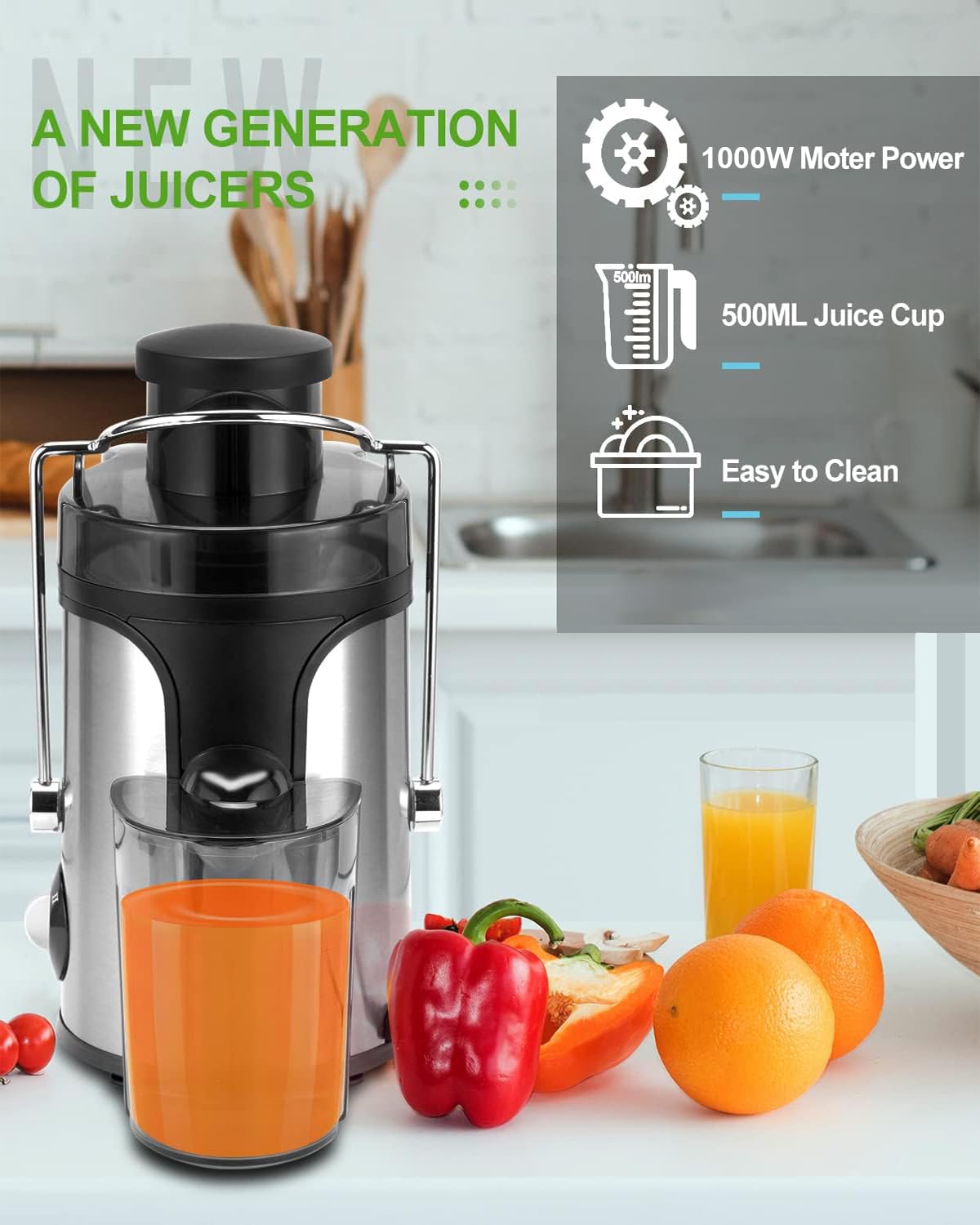 Entsafter-Maschinen, 1000 W Entsafter für Ganze Früchte und Gemüse, Zentrifugal-Entsafter-Maschine, Tragbarer Intelligenter Entsafter aus Edelstahl, BPA-Frei, Leicht zu Reinigen (Silber)