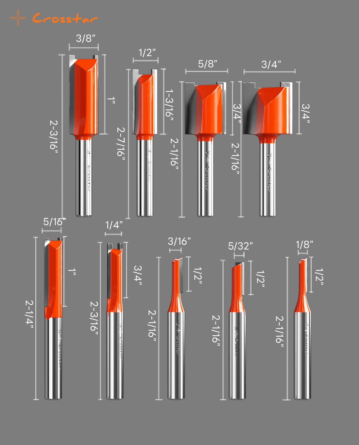 Crosstar Router Bit Set - 9 Carbide Straight Bits -7 Crosstar Router Bit Set - 9 Carbide Straight Bits -7