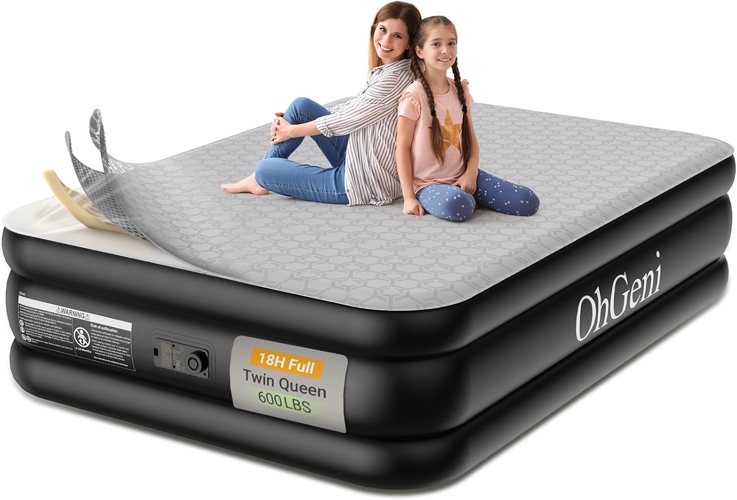 OhGeni 18″ Luxury Full Air Mattress with Built-in Pump, Inflatable Bed with Silk Foam Topper for Superior Comfort, Premium Blow-Up Mattress for Home, Camping & Guests, Easy Setup, Extra Support, Black