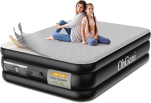 OhGeni Colchón inflable de lujo de 18 pulgadas con bomba integrada, cama inflable con cubrecolchón de espuma de seda para una comodidad superior,