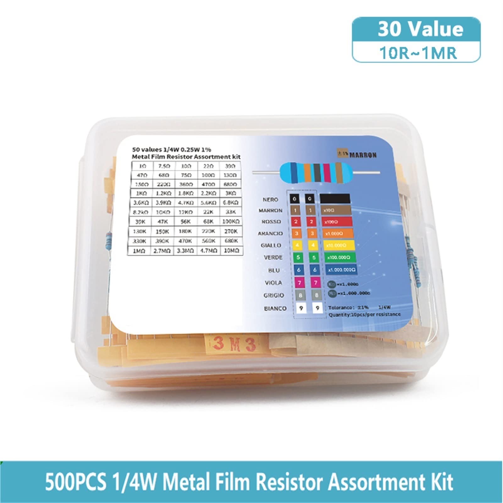500 pz/Lotto 50 Valori 1/4 W Resistori Set Assortimento di Resistori a Film Metallico Kit 1ohm -10 M Ohm Resistore Resistenza di Ricambio