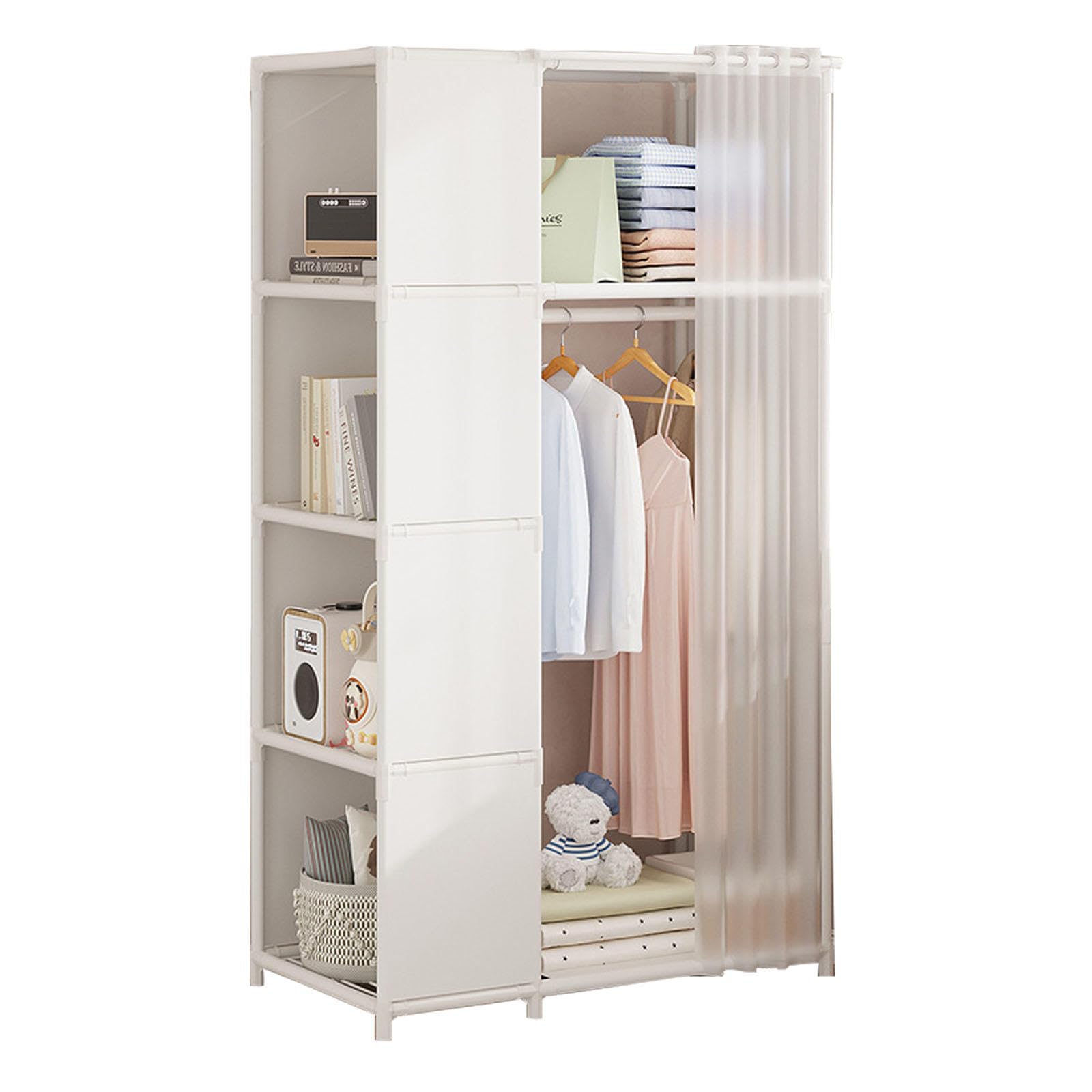 Armario de tela blanco de 70x40x162 cm con barra y estantes para dormitorio