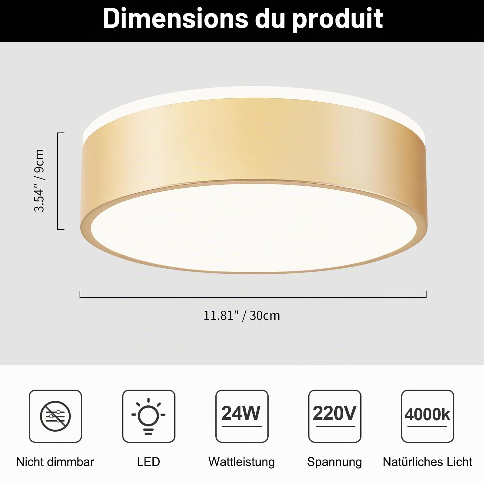 Plafonnier LED, Luminaires Intérieur Or Métal, 4000K, 24W, Ø30 cm