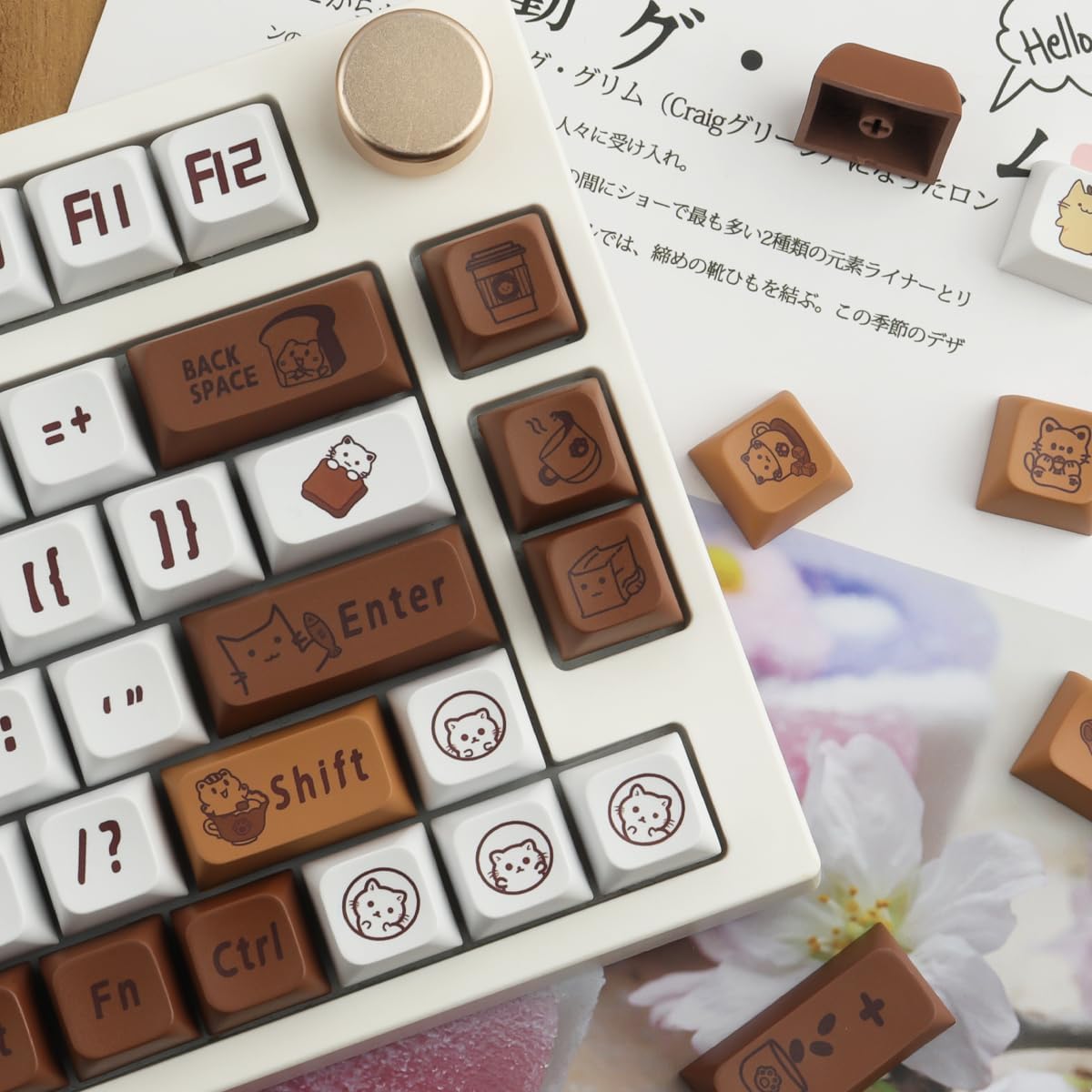 Hyekit PBT Keycaps - 129 Keys Cat Coffee Design, Dye-Sublimation, XDA Profile, Custom Keycaps for Cherry Gateron MX Switches Mechanical Keyboards