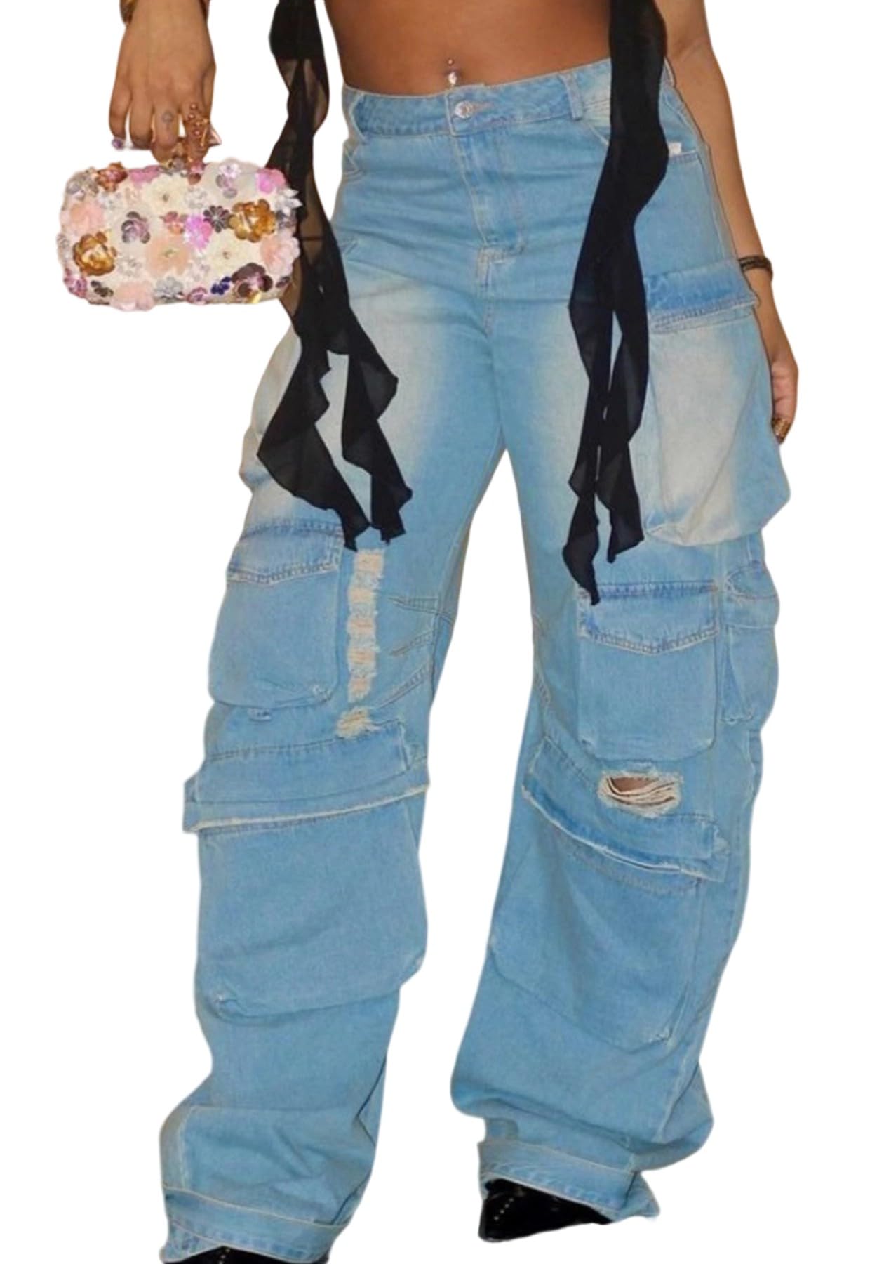 Jeans baggy taille haute avec poche à rabat cargo - 7