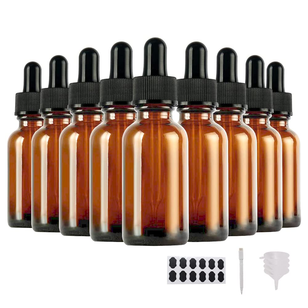 YBCPACK Confezione da 24 flaconi contagocce in vetro ambrato da 1 oz (30 ml) con pipetta di vetro, 24 etichette, 1 penna e 4 imbuti, profumi, aromaterapia e laboratorio chimico