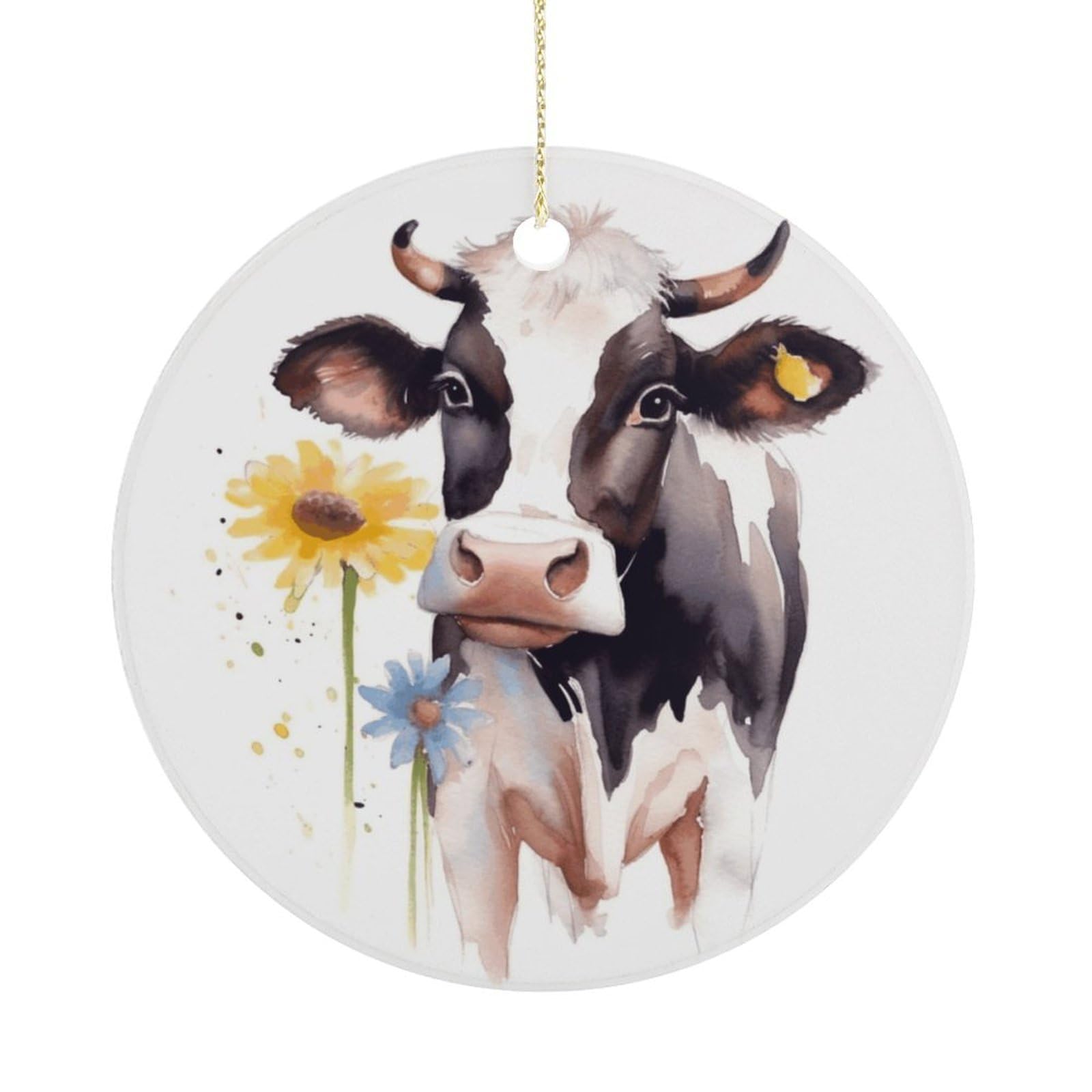Watercolor Cow and Daisy Flower Christmas Ornament,Round Ceramic Ornaments Personalized Christmas Tree Ornament for Holiday Porcelain Keepsake Gifts Ideas Home Decor
