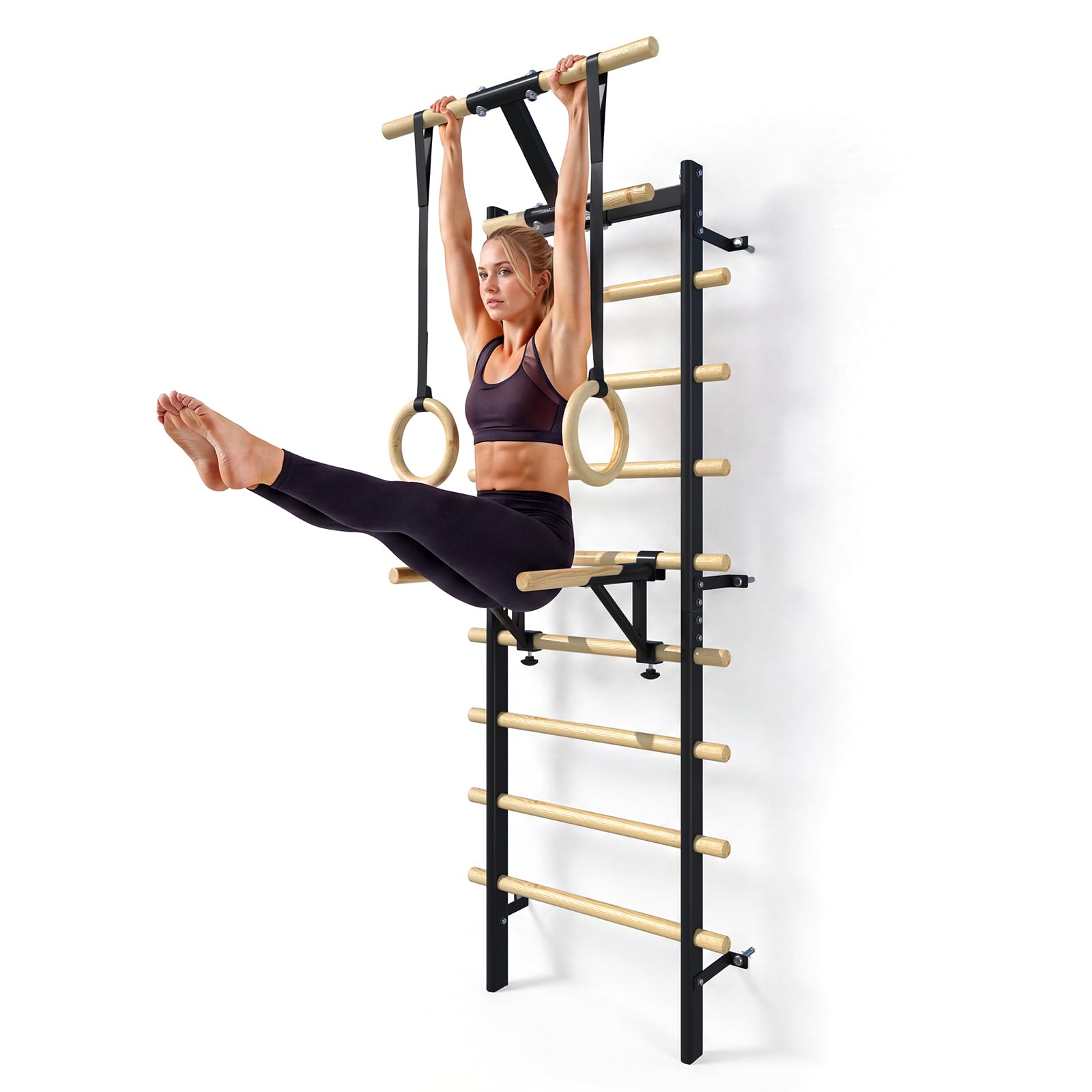 YODOLLA Wall Mounted Swedish Ladder with Pull Up Bar & Gym Rings