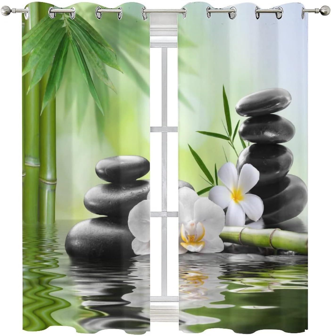 Zen Spring Garden Blackout Curtains - Japanese Style Spa Black Stone White Flower Green Bamboo Print Grommet Window Curtain Set Energy Saving Thermal Insulated Drapes,2 Panels 63L x 21W