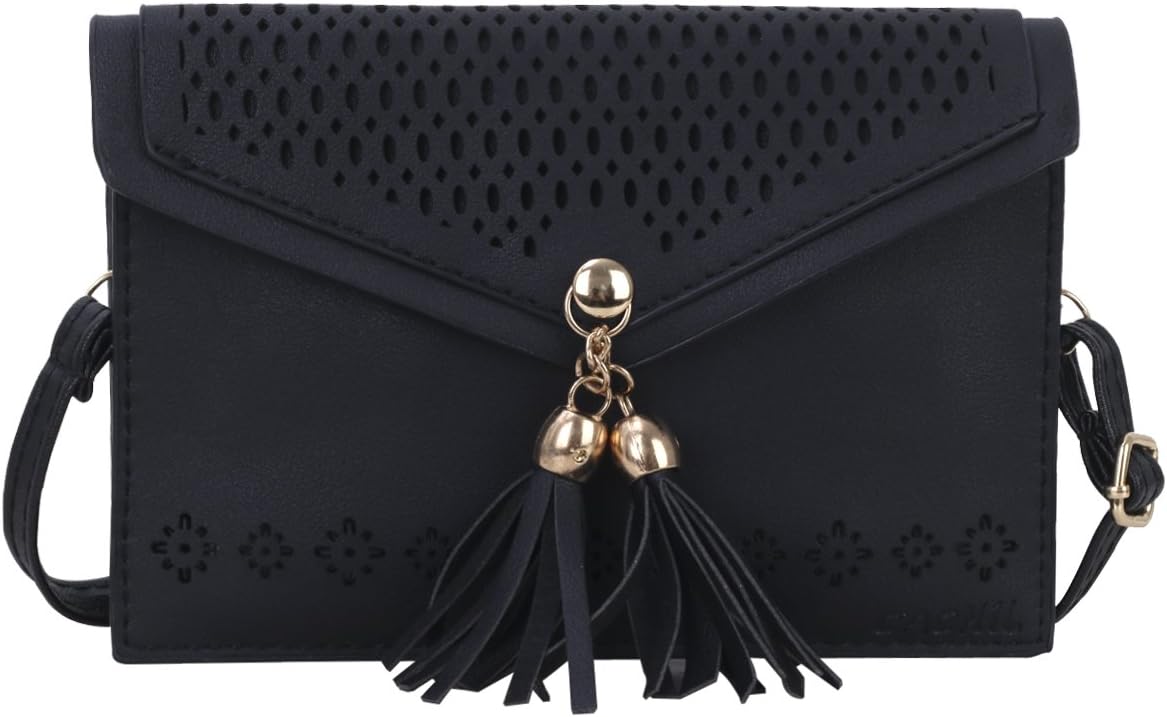 CACHIL Vintage Messenger Bag Cross body Purse with Tassel and Shoulder Strap - Black
