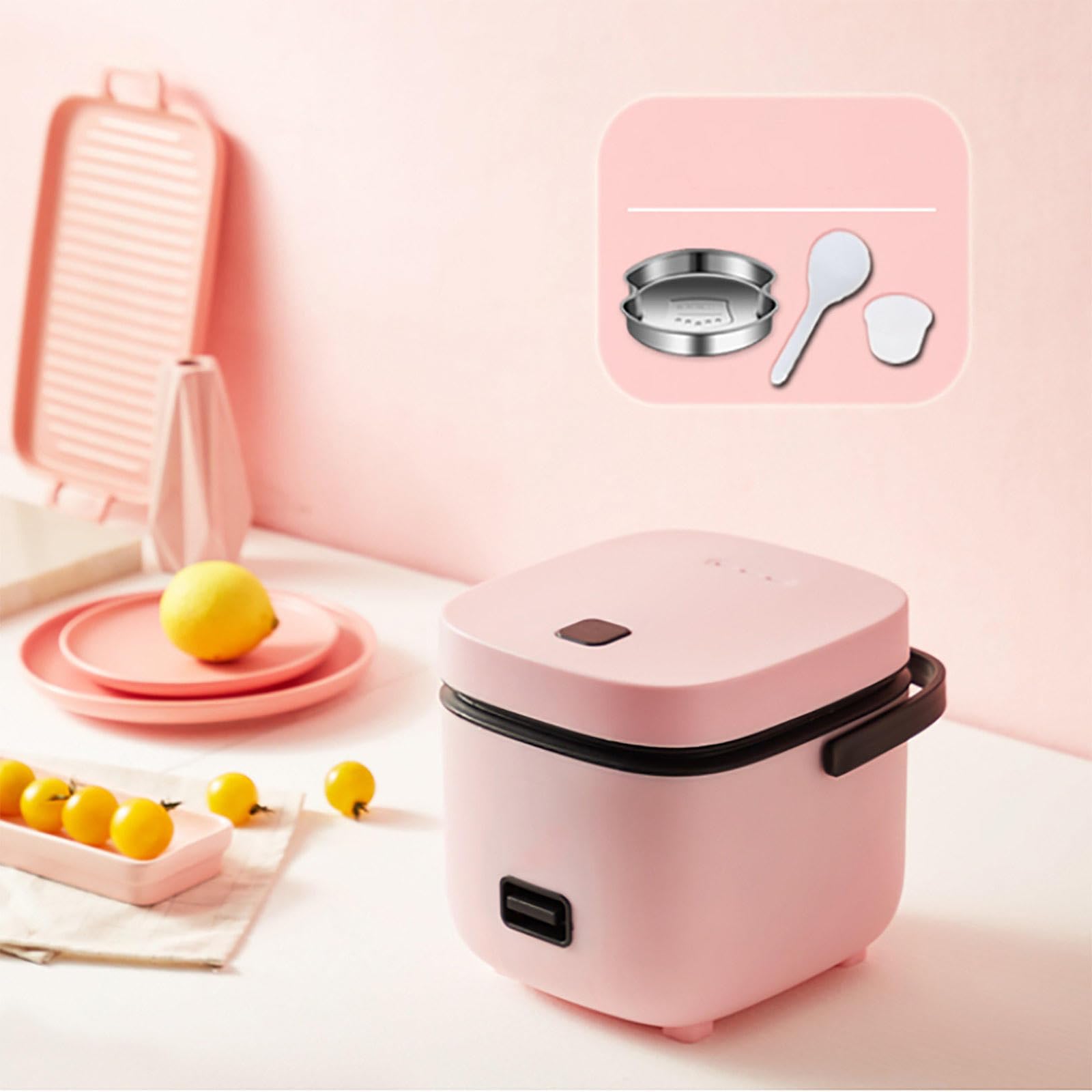 PanHuiWen Small Rice Cooker, Mini Multi Cooker, 1.2L, Pink, Keep-Warm Function, Portable, Non-stick Coated Inner Pot