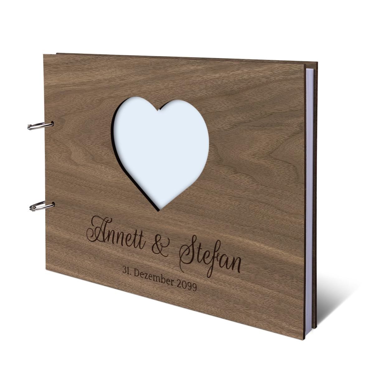 Hochzeit Gästebuch Nussbaum Holz Gravur individuell Holzcover mit 72 Blatt |144 Naturpapier Innenseiten DIN A4 quer 302 x 215 mm - Herz