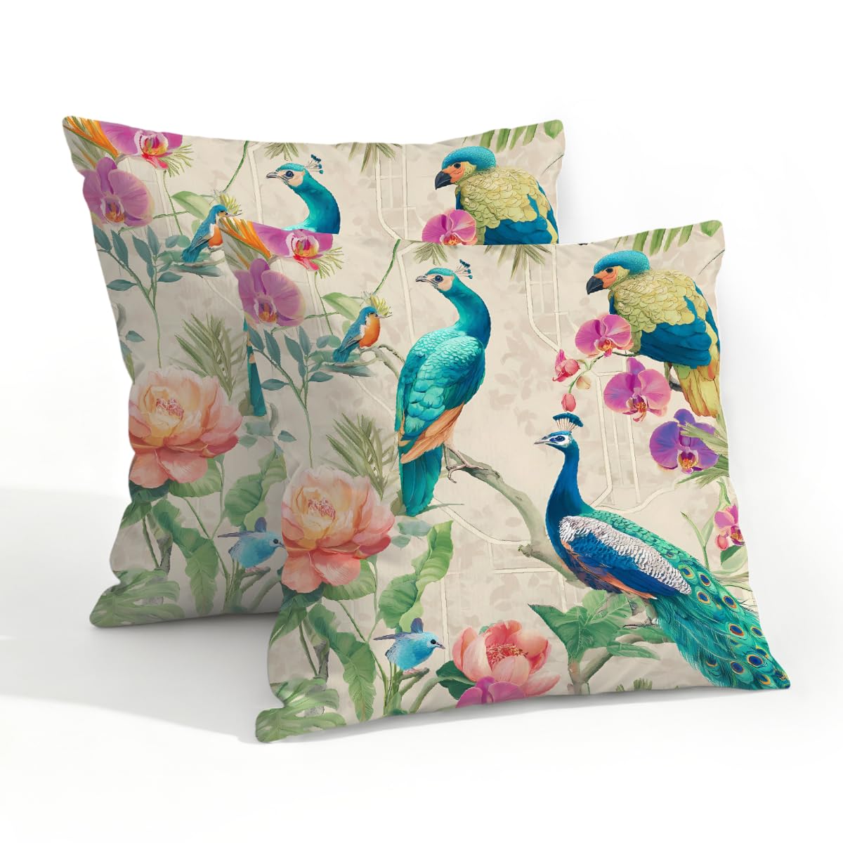 Outdoor Pillow Covers Waterproof Pillowcases 20x20in Set of 2 Asin Oriental Floral Turquoise Peacocks Decorative Throw Cushion Case for Couch Sofa Garden Patio Furniture
