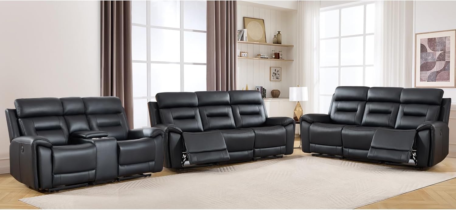 ANJ 3-Piece Faux Leather Power Recliner Sofa Set with USB&Type-C Charging Ports, Include Loveseat Sofa with Hidden Storage & Cup Holders and 2 3-Seater Reclining Couches for Living Room, Black | Perfect appearance