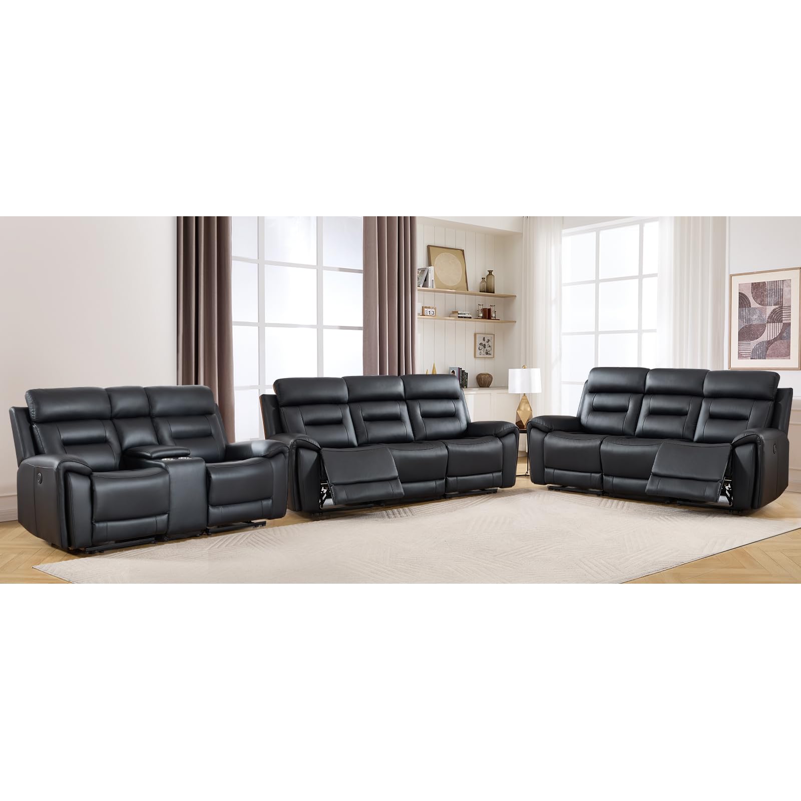ANJ 3-Piece Faux Leather Power Recliner Sofa Set with USB&amp;Type-C Charging Ports, Include Loveseat Sofa with Hidden Storage &amp; Cup Holders and 2 3-Seater Reclining Couches for Living Room, Black