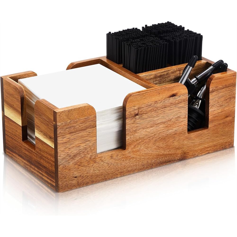 CTRLZS Wooden Bar with Wood Straws& Napkins-6 Compartment Storage Organizer, Condiment Dispenser Holder