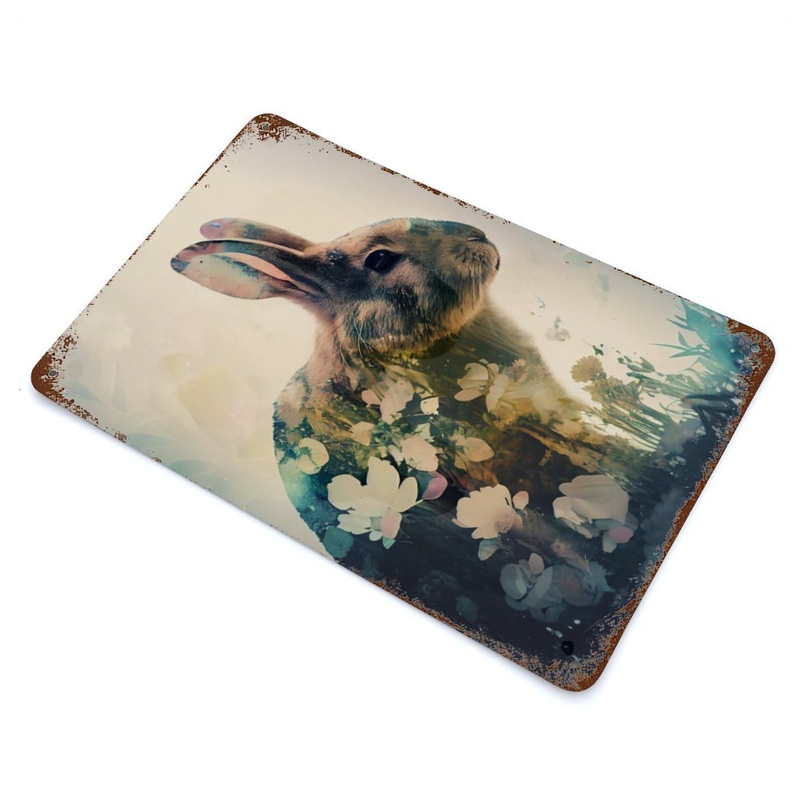 Retro Metal Sign with Rabbit Flowers Design 11.8"x7.9", for Living Room, Hallway And Home Decor, Farmhouse Wall Decor