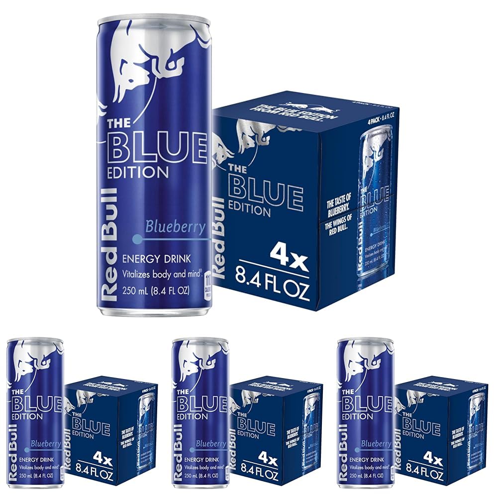 Red BullBlue Edition Energy Drink, Blueberry, with 80mg Caffeine plus Taurine & B Vitamins, 8.4 Fl Oz, Pack of 16 Cans