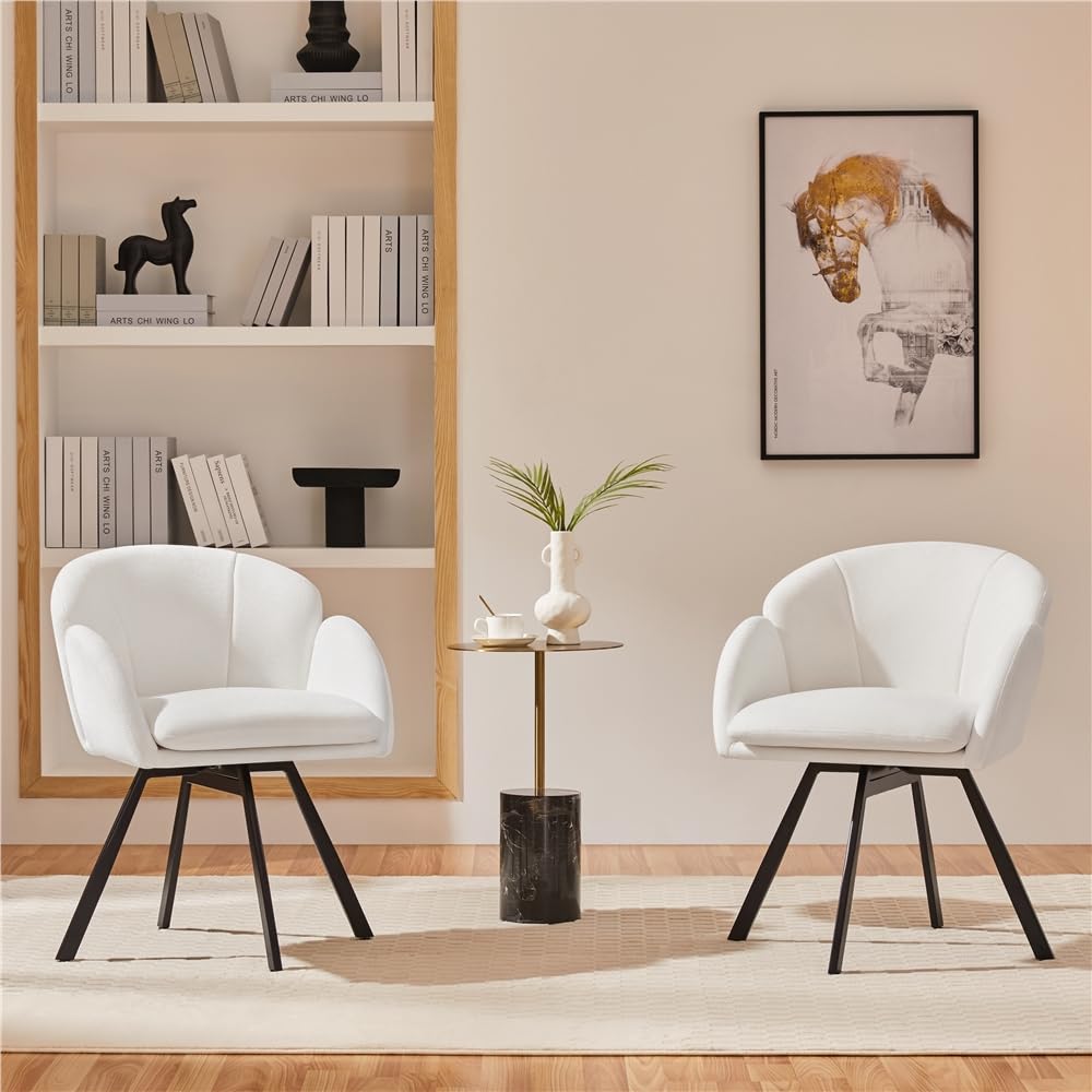 Yaheetech Fauteuil Salon en Velours Chenille，Design Fleur，Chaise Coiffeuse Pivotante，Fauteuil Chambre Confortable avec Coussin Amovible pour Chambre Bureau Domicile Blanc